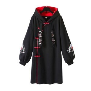 Black Hoodie Short Dress with Red Accents and Floral Embroidery
